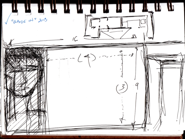 This sketch showed an option I considered whereby the full 16x9 projection for the external (or "fantasy") portion of the project extended from one wall to the edge of a door. The part of the projection which was my head would actually be projected onto cloth hanging from the ceiling, slit down the center allowing people to walk "into" my head to go to the other room and see the other part. This represents the true ideal of Outside/In but would have required a ceiling mount for this projection channel which was not possible.